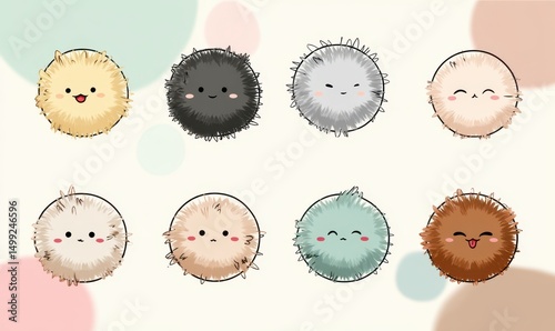 Zestaw uroczych, okrągłych zwierzątek w pastelowych kolorach