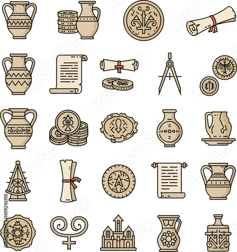 Vector set of ancient artifact icons – vases, coins, scrolls, compasses, symbols, drawn in clean line art, heritage style