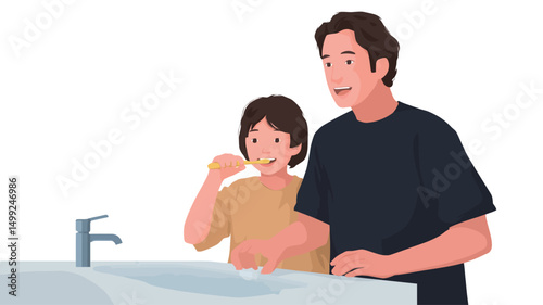 A digital illustration depicting a father and his young daughter brushing their teeth at a bathroom sink. The style is minimalist vector art with flat design elements. The color palette is muted.