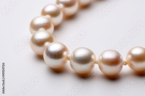 Elegant pearl necklace displaying subtle iridescence and smooth, round shapes, conveying luxury and timeless beauty on a pristine white background, a symbol of refinement.