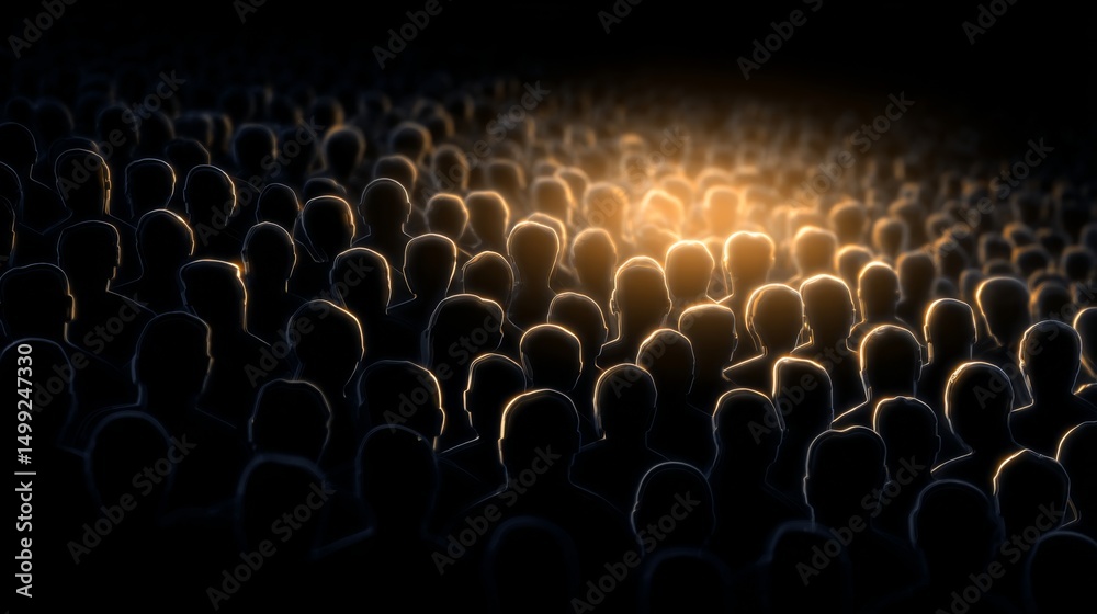 Obraz premium Large crowd of silhouetted people facing a bright light in a dark environment