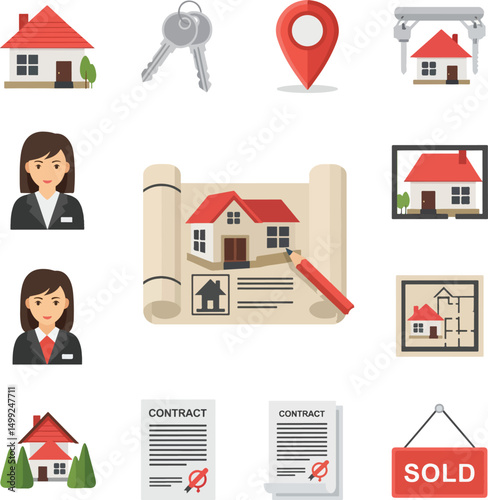Vector illustration set of real estate symbols ? house, keys, location pin, agent, contract, blueprint, sold sign. Flat and clean style.eps