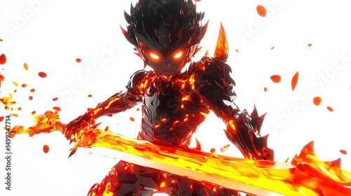 A fiery, young warrior, clad in obsidian armor with molten-like textures, wields a blazing sword against a stark white backdrop; particles of fire surround him, dynamic pose