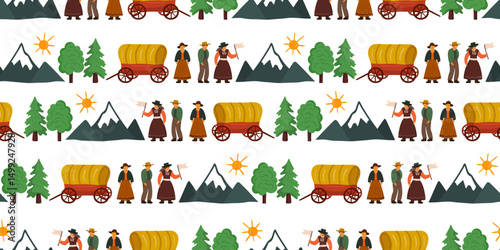 pioneer day seamless pattern white background with covered wagons, settlers, mountains, people, trees for historical projects postcard