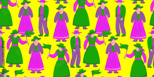 a bright and playful seamless pattern showcasing diverse pioneer day characters in vibrant traditional costumes on a cheerful yellow background