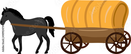 vector isolated object cartoon covered wagon with horse, pioneer day historical transport illustration for clip art and education