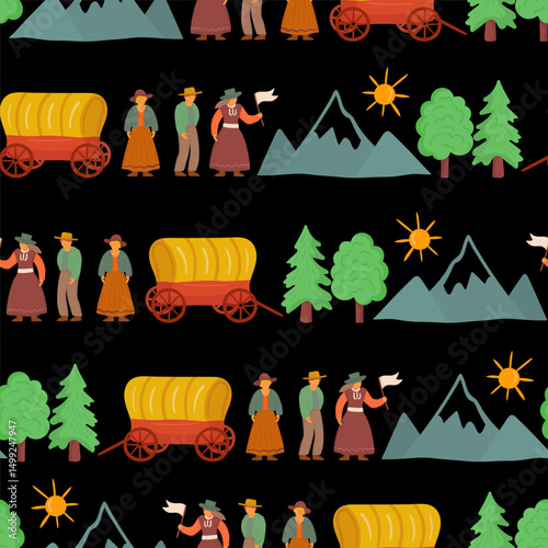 pioneer day seamless pattern on black with covered wagons, settlers, mountains, and trees for historical designs