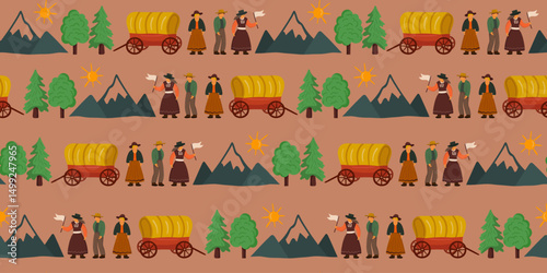 pioneer day seamless pattern with covered wagons, settlers, mountains, and trees for historical backgrounds and textiles