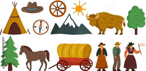 charming set collection isolated pioneer day elements including animals transportation nature figures people western historical themes