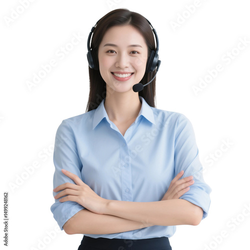 Portrait of friendly asian woman working as call center agent isolated on transparent background, no background