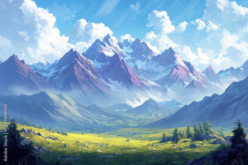 Fototapeta premium Majestic Snow Capped Peaks Landscape Art Painting Scenic View Mountain Range Valley Green Meadow Trees Clouds Sky Blue