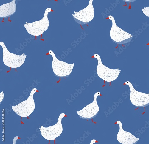 White geese on a blue backg...