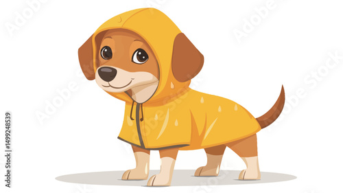 The image is a digital illustration of a beagle puppy wearing a bright yellow raincoat with a hood. The puppy is depicted in a three-quarter view, facing slightly to the left. 