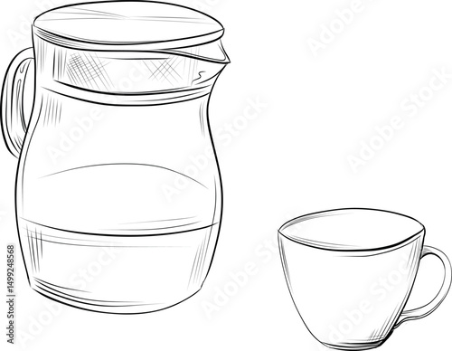 Glass pitcher and teacup sketch drawing vector