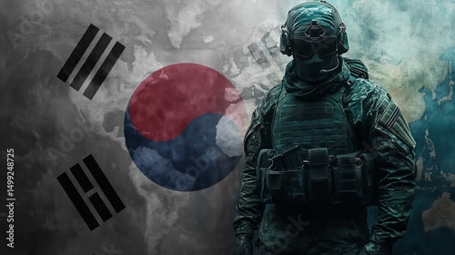 soldier in tactical gear with the South Korean flag and world map in the background, symbolizing military strength and national pride.