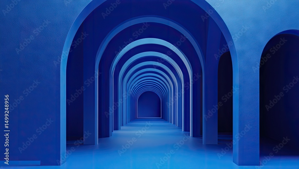 Obraz premium Deep blue arched corridor. Empty perspective hallway