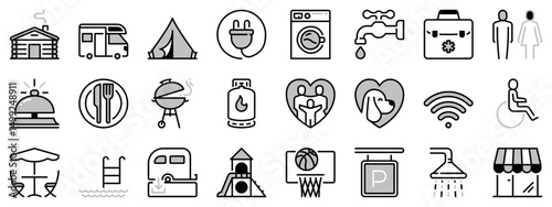 Icons in two tones about camping services.
