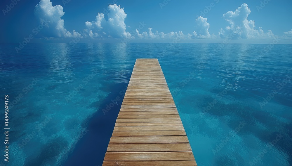 Fototapeta premium Wooden dock extends into blue ocean, clear skies, and soft white clouds. Use to depict escape, serenity, vacation, or a journey into the unknown.