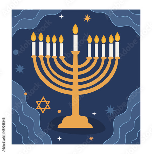Festive  Happy Hanukkah  Illustrations with Menorahs, Dreidels, and Gifts-03