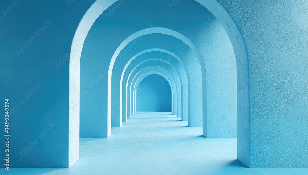 Naklejka premium Azure arched passageway. Empty, serene, minimalist hallway with repeating arches