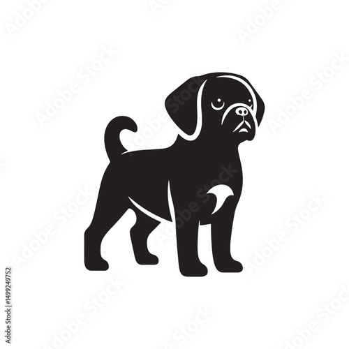 "Adorable Puggle Vector Silhouette: Unique Mixed Breed Dog Design Featuring Wrinkled Face, Curled Tail, and Playful Stance in Clean, Minimalist Style for Crafts and Prints"
