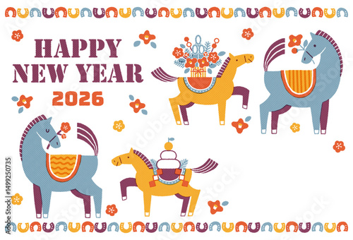 2026年　午年年賀状イラスト（馬の親子と華やかなお正月)