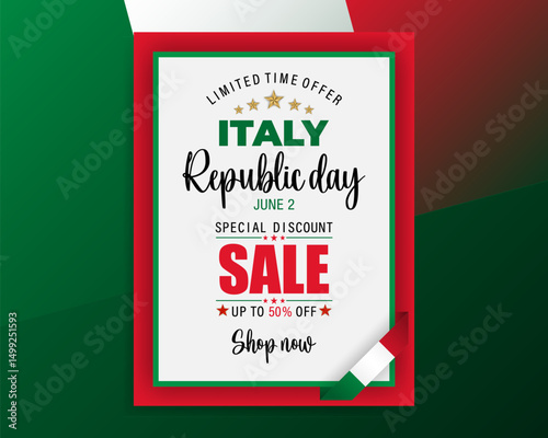 Holiday design, background with handwriting and national flag colors for second of June, Italian Republic day, sales and commercial events. Vector illustration.