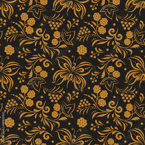 Russian old style ornament Hohloma in gold and black colors seamless pattern. Vector Floral slavic traditional decoration motive. For cards, fabric, textiles, clothing, packaging.