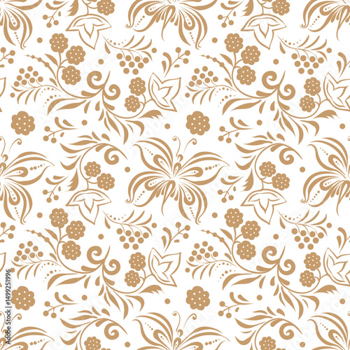 Russian old style ornament Hohloma in gold colors seamless pattern. Vector Floral slavic traditional decoration motive. For cards, fabric, textiles, clothing, packaging.