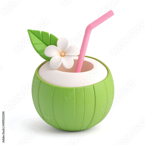 Cute Clay-Style Coconut Drink Tropical Delight with Pink Straw and Flower