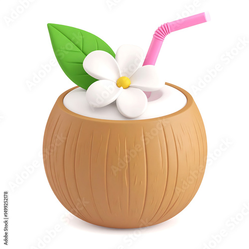 Adorable Clay-Style Coconut Drink Illustration Tropical Summer Beverage