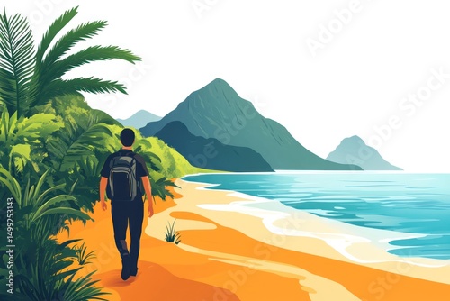 solo adventurer walking trail with scenic view of sea and peaks isolate on white background