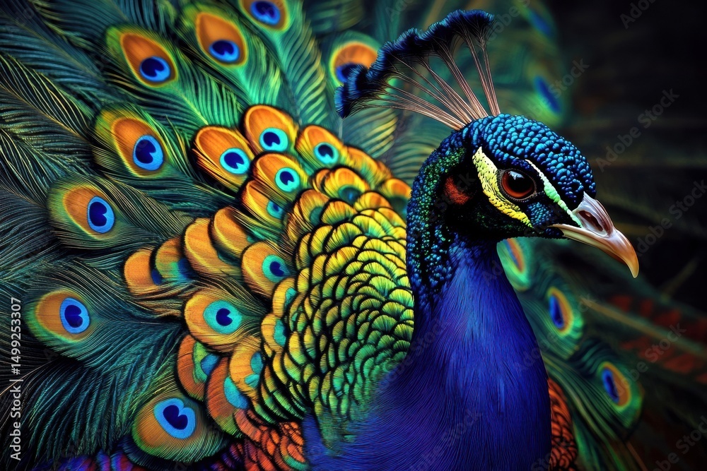 Fototapeta premium Vibrant Close-Up of Peacock's Colorful Head and Neck in Dramatic Black Background