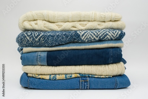 soft sweaters and various denim folded neatly in stack, isolated studio shot, white backdrop