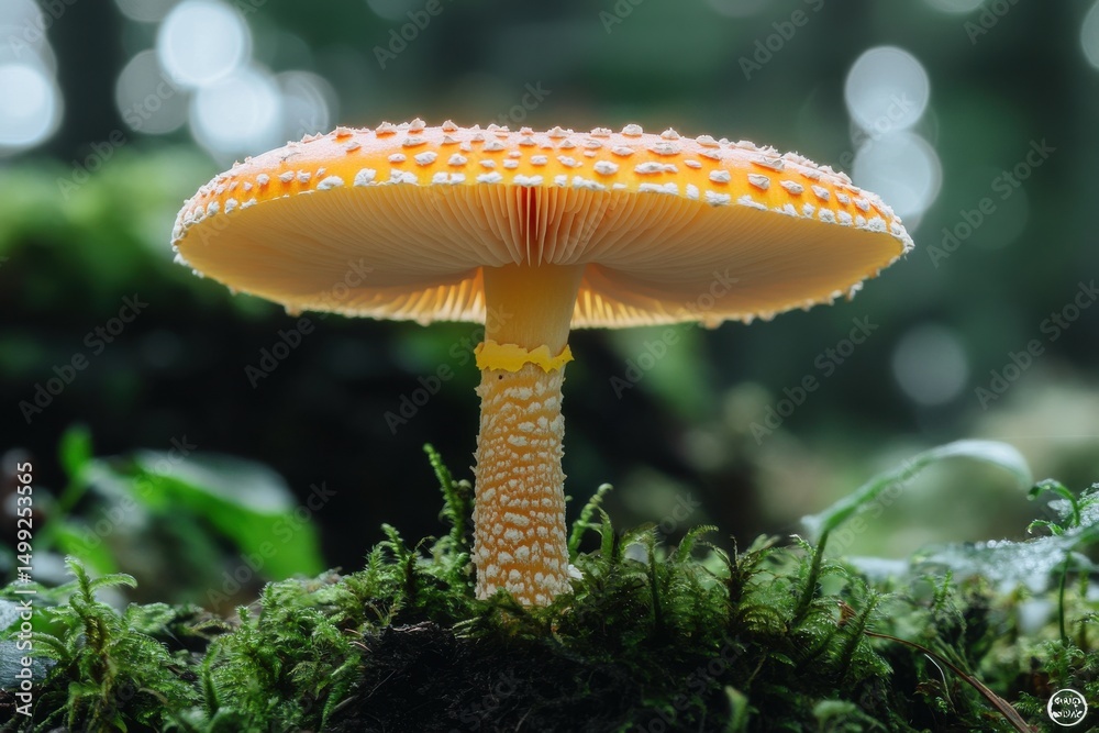 Fototapeta premium Enchanted Forest Fly Agaric Mushroom in Natural Habitat Woodland Scene Wild Fungi Colorful Orange Botanical Art Delicate