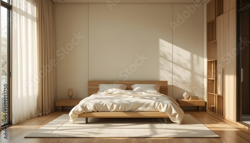 Minimalist bedroom with low-profile bed, beige linens, natural sunlight pouring through sheer curtains, Japandi aesthetic