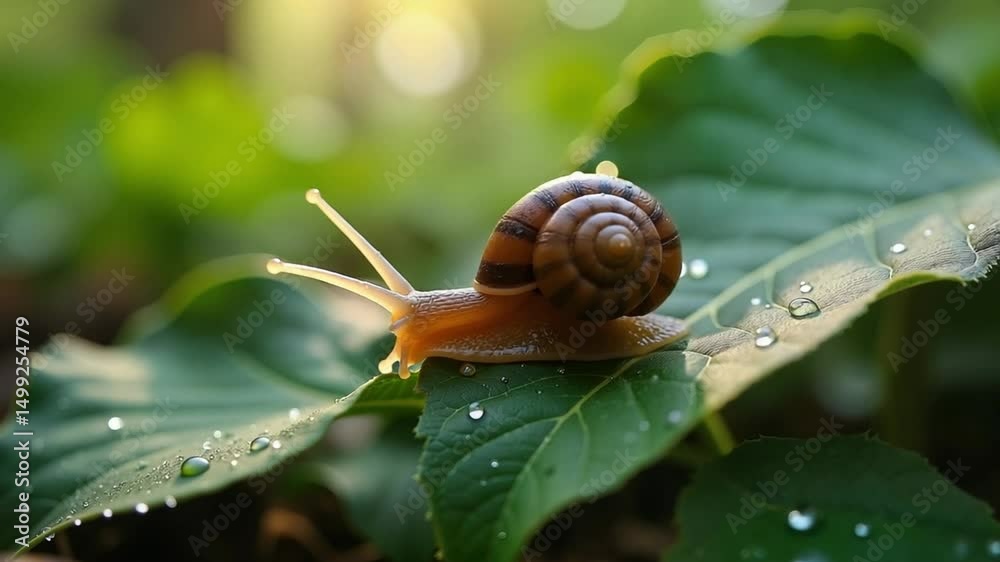 Snail, slow-moving, crawling on a leaf, green natural background