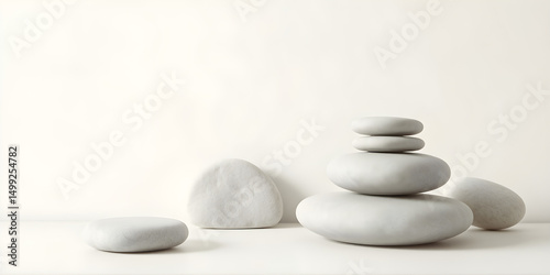 Zen stone inspired abstract shapes, smooth rounded forms, light gray and off-white color scheme, spa atmosphere