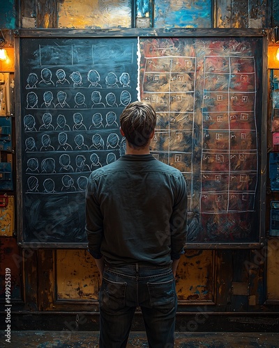 Teacher facing a split chalkboard of diverse vs homogeneous students Visualizing Educational Inequality conceptual photography symbolic lighting 50mm prime lens photo