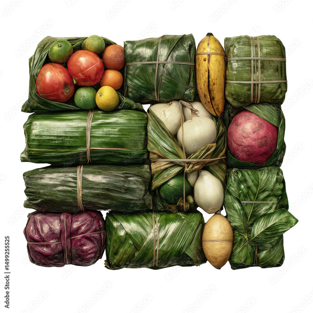 Naklejka premium Fresh Produce Wrapped in Banana Leaves Organic Vegetables and Fruits for Healthy Eating