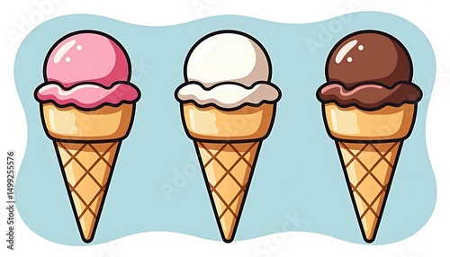 Ice Cream Delights: Three vibrantly colored ice cream cones, each boasting a distinct flavor—strawberry, vanilla, and chocolate—stand in appetizing rows, promising a sweet treat. 