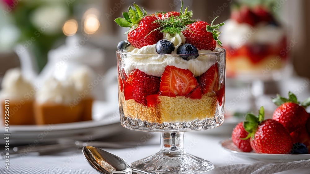 Delicious layered dessert with strawberries, blueberries, whipped cream, and sponge cake served in a glass cup Delicious layered dessert with strawberries, blueberries, whipped cream, and sponge cake served in a glass cup