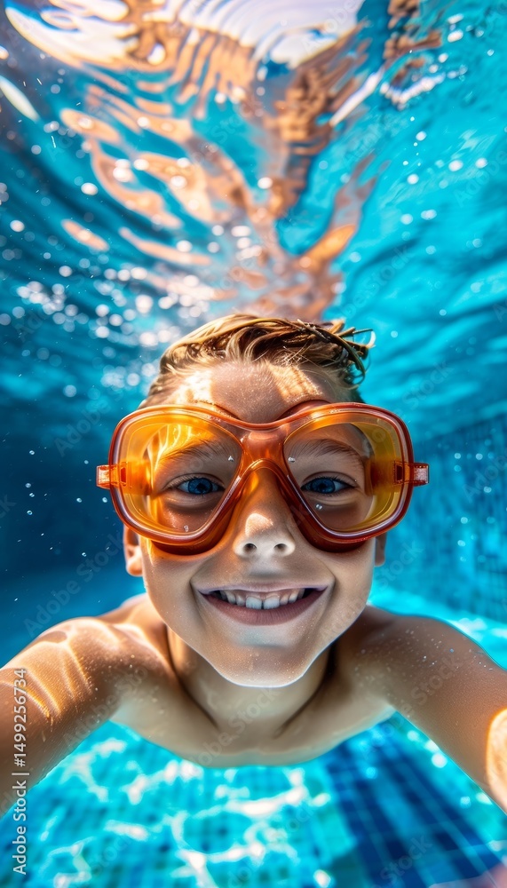 Fototapeta premium A smiling child wearing orange goggles explores underwater, surrounded by bubbles.