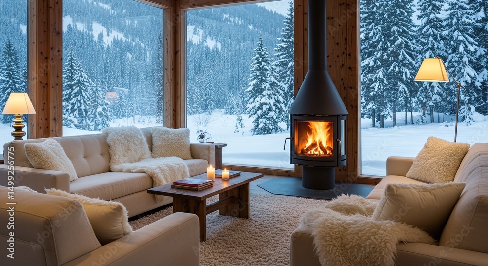Fototapeta premium Cozy mountain view living room in winter