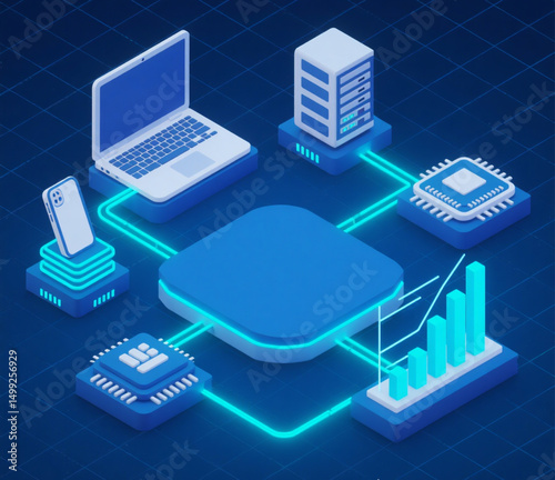 Isometric Technology Scene with Digital Devices and Circuit Connections