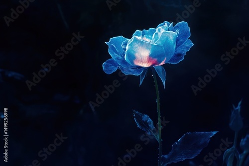 single blue rose illuminated against a deep black background, dramatic lighting
