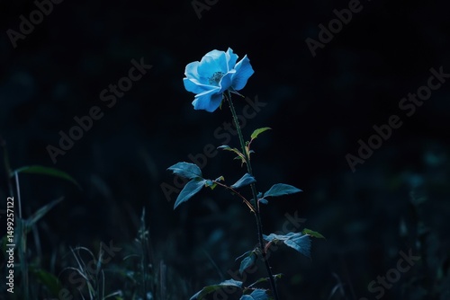 single blue rose illuminated against a deep black background, dramatic lighting