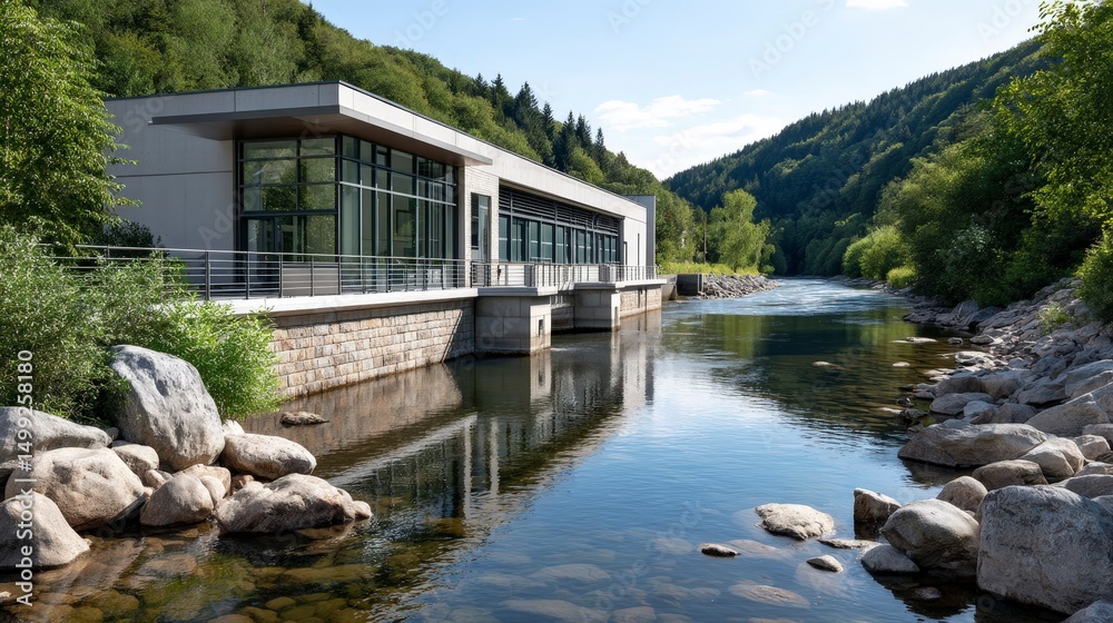 Obraz premium Modern architectural design of a riverside building surrounded by lush greenery and scenic mountains in daylight