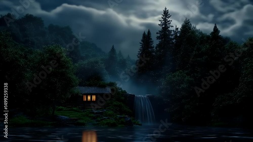 Cabin and waterfall in dark moody forest