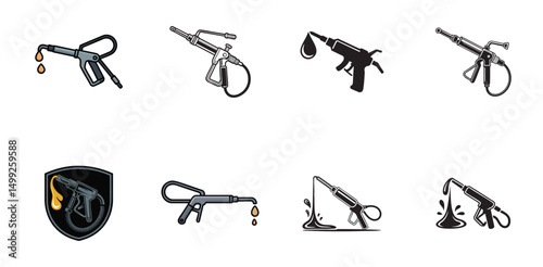set of lubrication tool icons, grease gun and oil dispensing